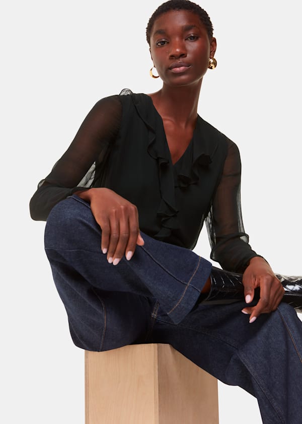 Black Ruffle Collar Detail Blouse