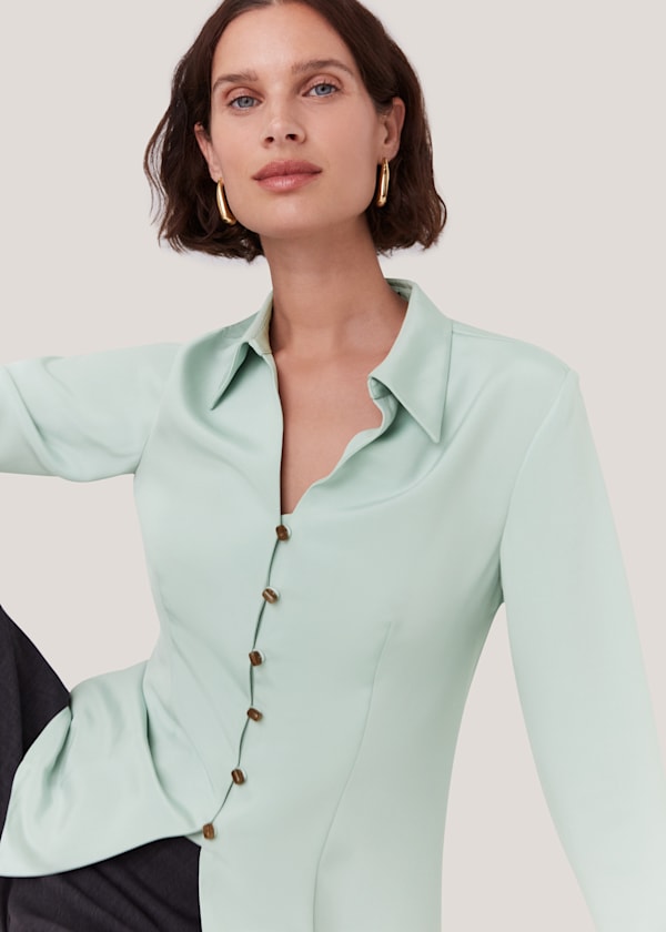 Pale Blue Silk Blend V Neck Shirt