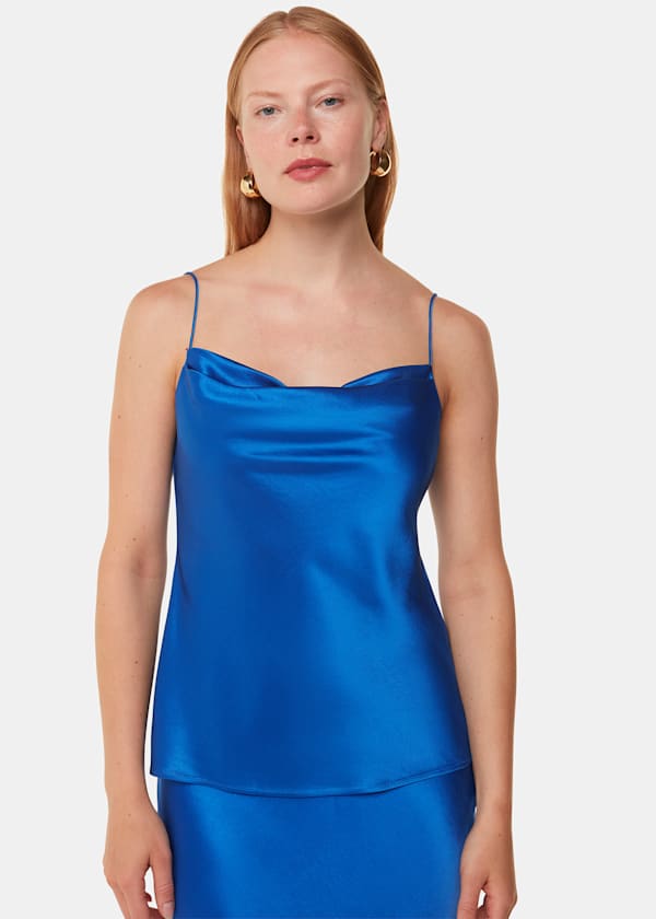 Blue Satin Cowl Neck Cami