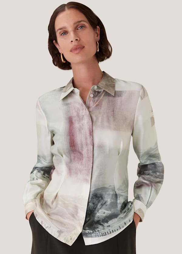 Ivory Wild Horse Print Silk Shirt