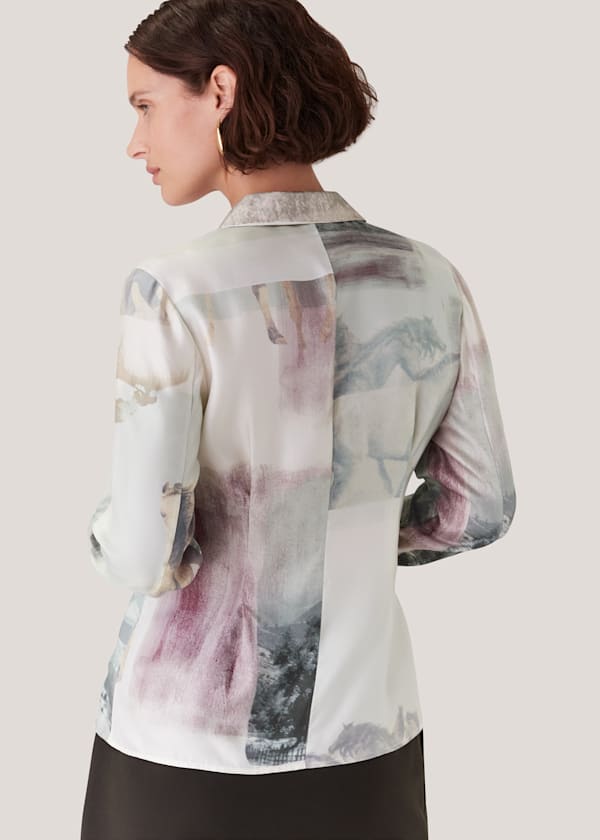 Ivory Wild Horse Print Silk Shirt