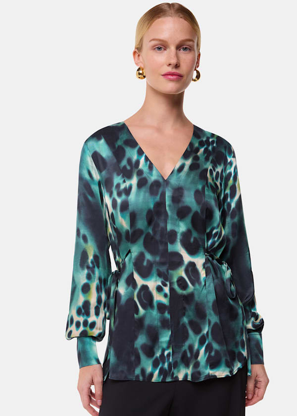 Green Misty Leopard V Neck Blouse