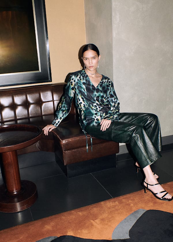 Green Misty Leopard V Neck Blouse