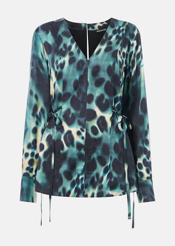 Green Misty Leopard V Neck Blouse