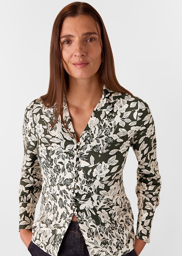Green Cut Stems Button Down Blouse