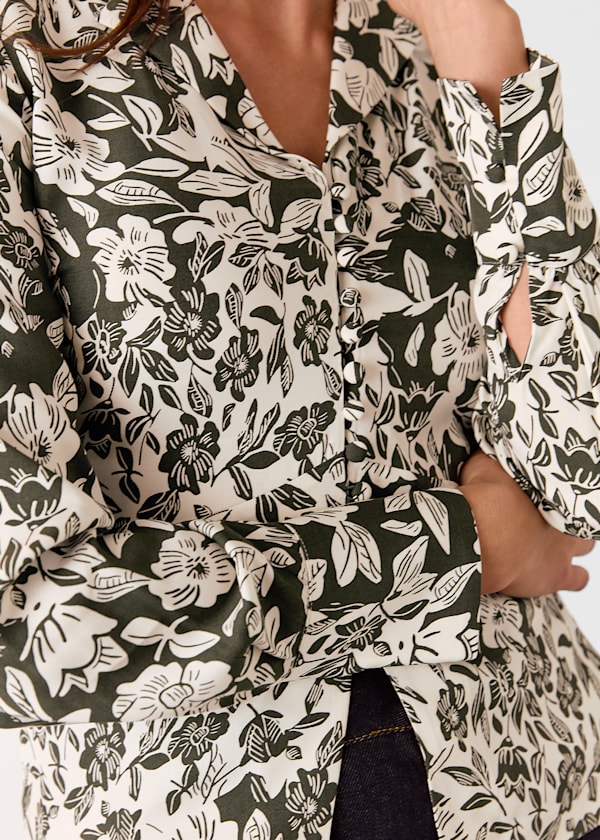 Green Cut Stems Button Down Blouse