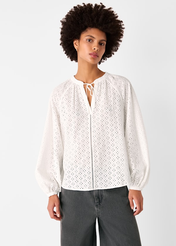 White Broderie V Neck Blouse