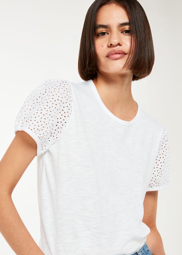 White Broderie Puff Sleeve T-Shirt