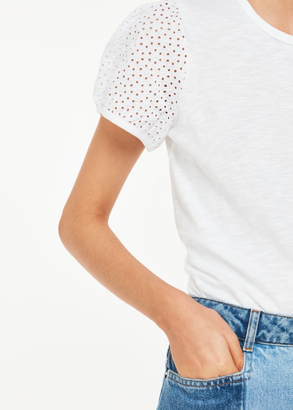 White Broderie Puff Sleeve T-Shirt