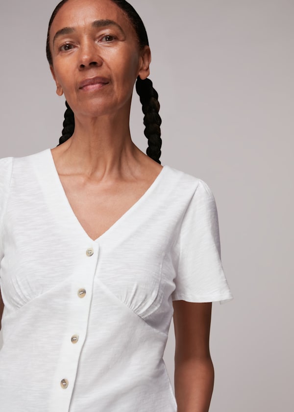 White Button Front Frill Top