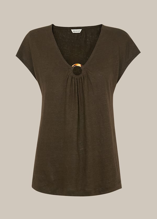 Khaki Tort Ring Linen Top