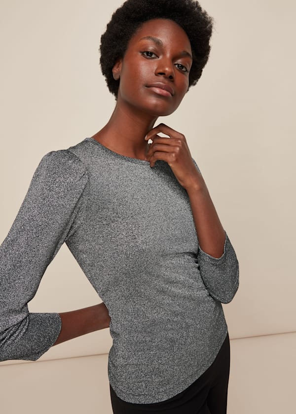 Silver Puff Sleeve Sparkle Top