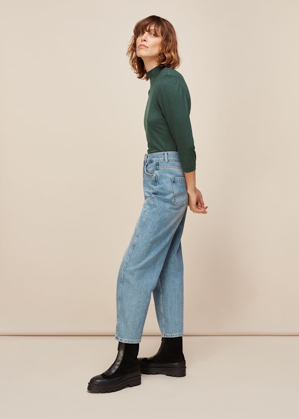 Dark Green High Neck Puff Sleeve Top