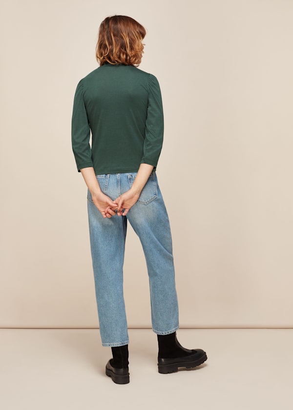 Dark Green High Neck Puff Sleeve Top