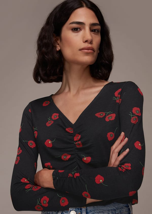 Multicolour Poppy Print Ruched Neck Tee