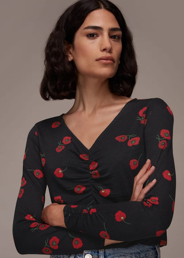 Poppy Print Ruched Neck Tee