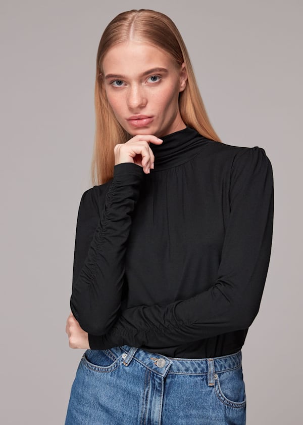 Black High Neck Ruched Sleeve Top