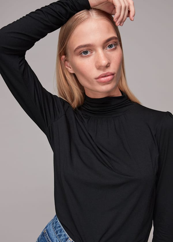 Black High Neck Ruched Sleeve Top