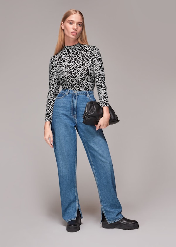 Black Swirl Print High Neck Top