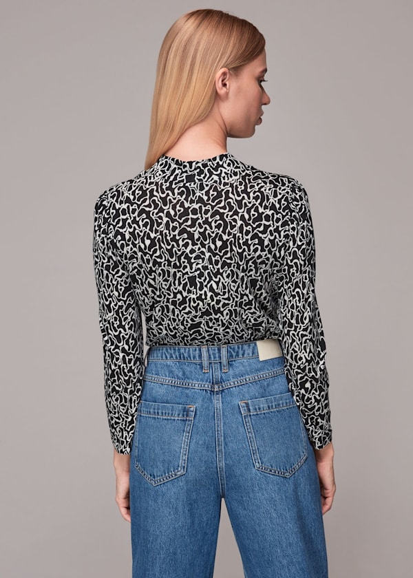 Black Swirl Print High Neck Top