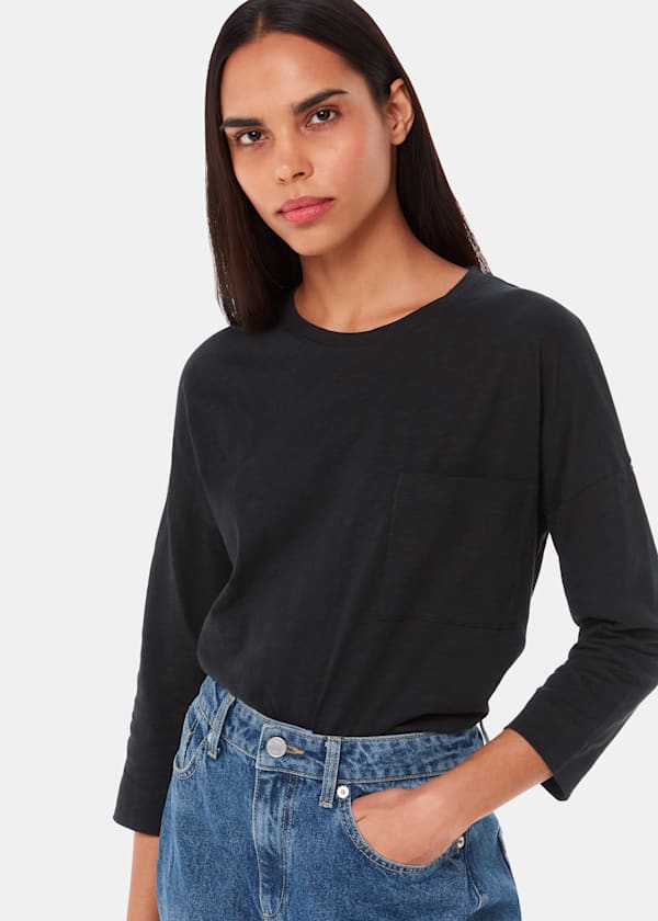 Black Cotton Patch Pocket Top
