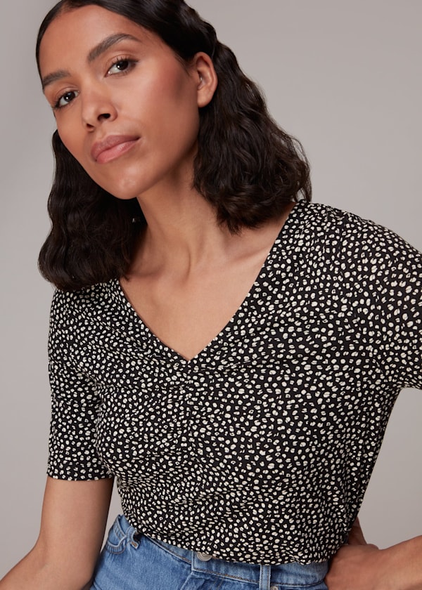 Ink Leopard V Neck Ruched Tee