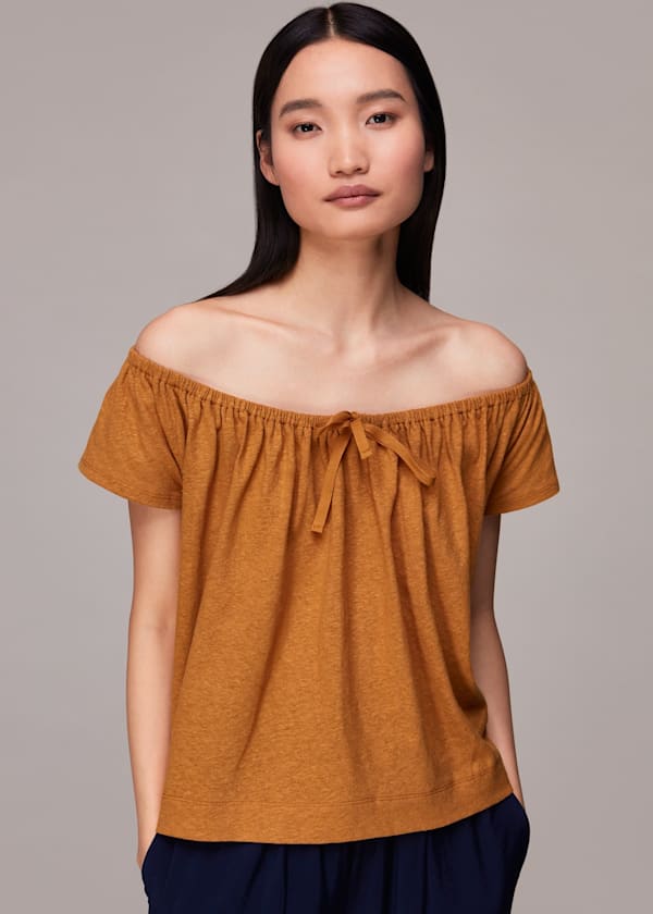 Rust Drawstring Linen Bardot Top