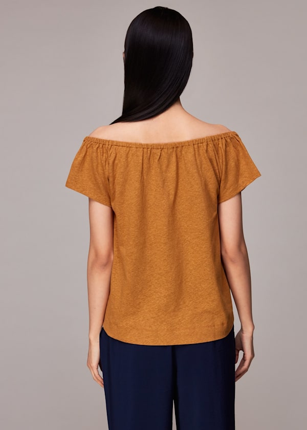 Rust Drawstring Linen Bardot Top