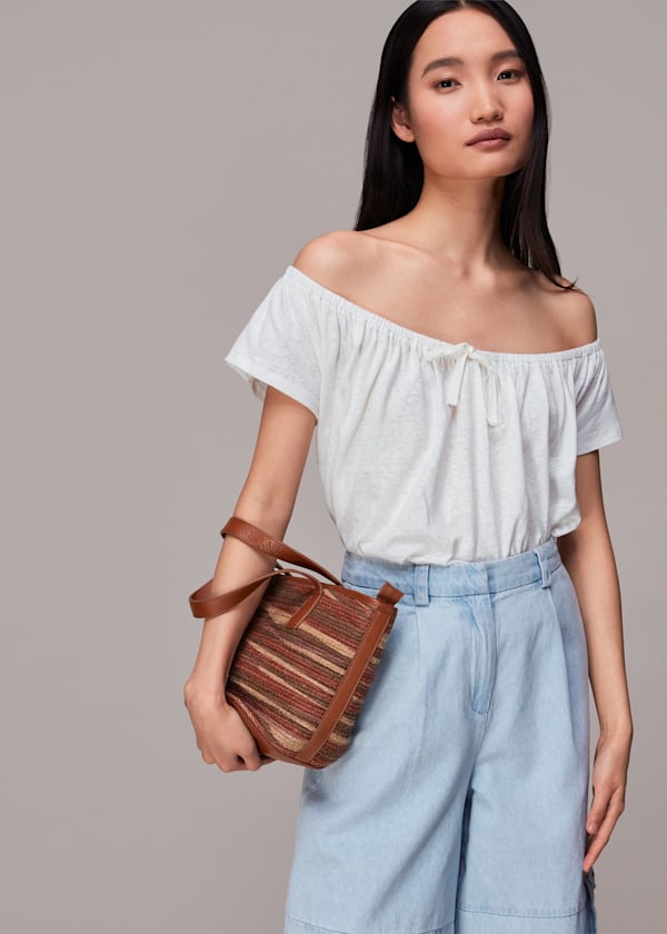 White Drawstring Linen Bardot Top