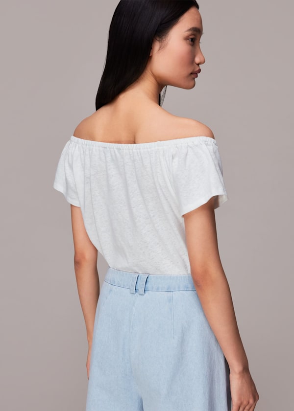 White Drawstring Linen Bardot Top