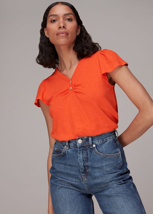 Orange Cada Button Linen Mix Tee