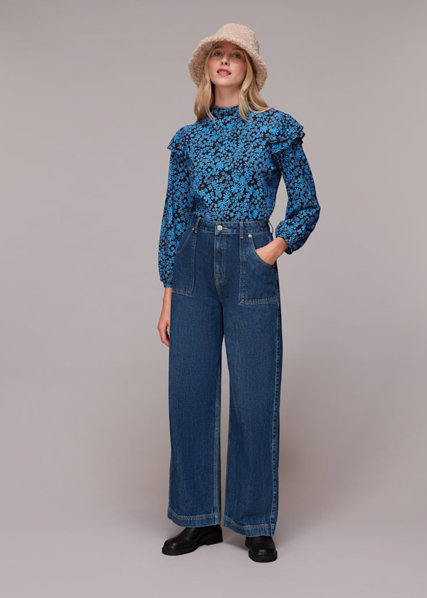 Blue Boho Frill Shoulder Jersey Top