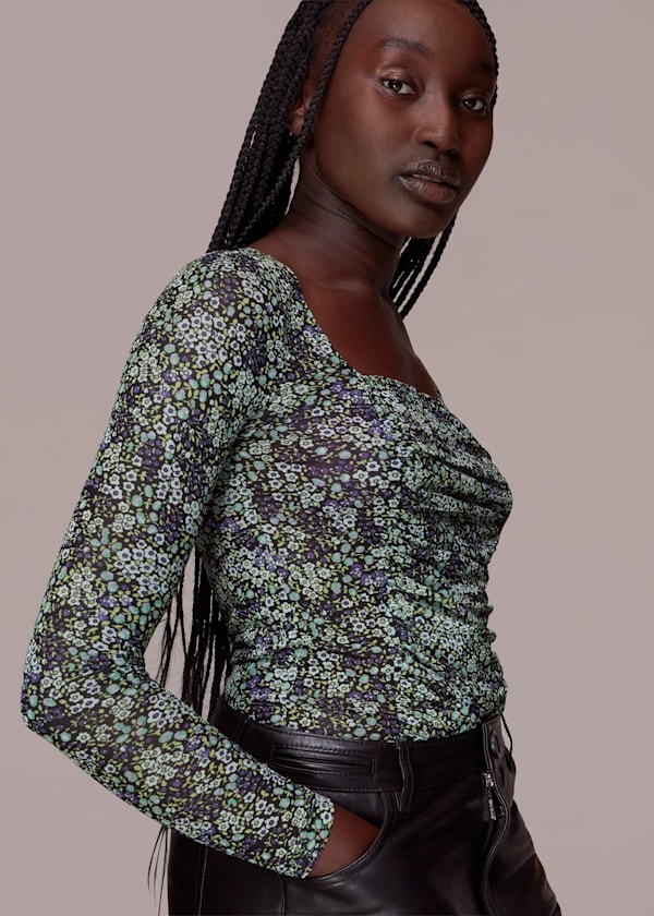 Green Mesh Square Neck Gathered Top