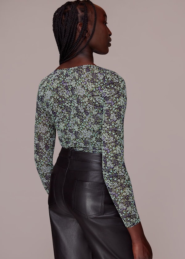 Green Mesh Square Neck Gathered Top