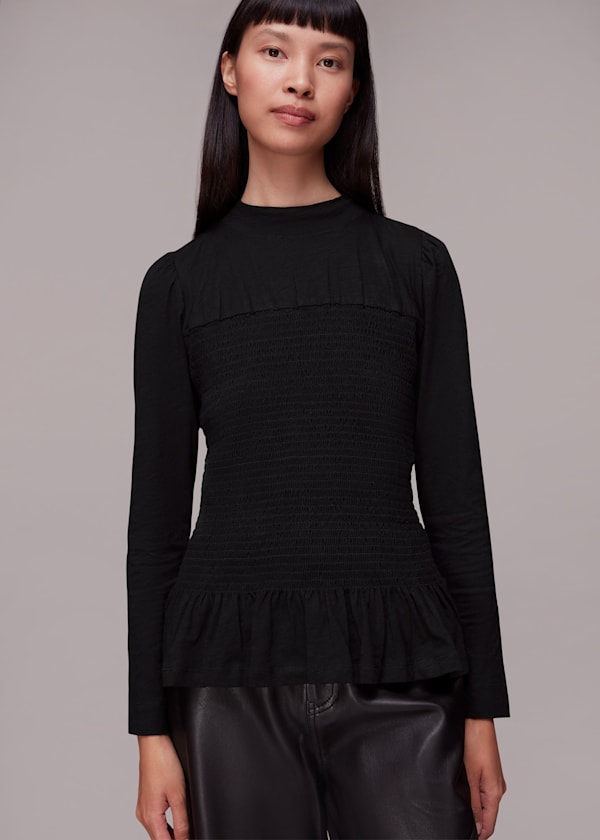 Black Shirred High Neck Top
