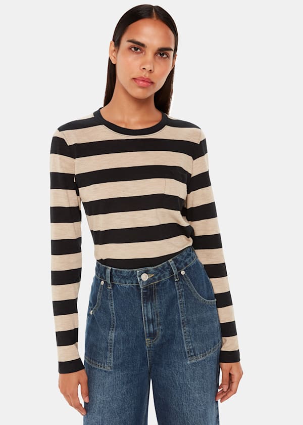 Black Stripe Crew Neck Pocket Top