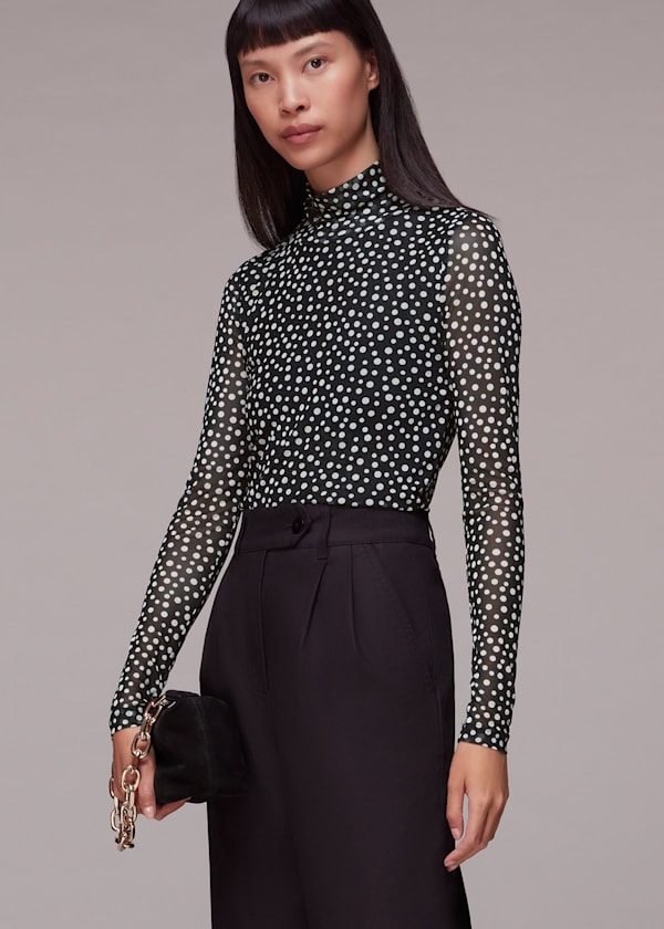 Black Roll Neck Spot Mesh Top