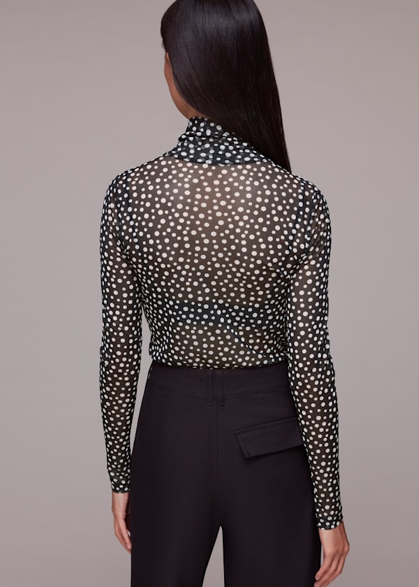 Black Roll Neck Spot Mesh Top