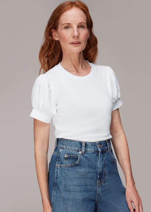 White Puff Sleeve Rib Tee