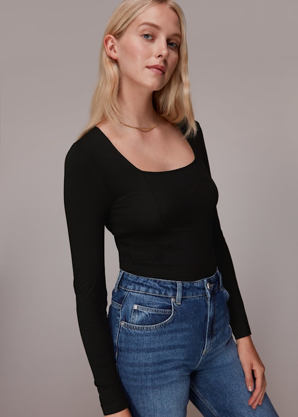 Black Square Neck Long Sleeve Top