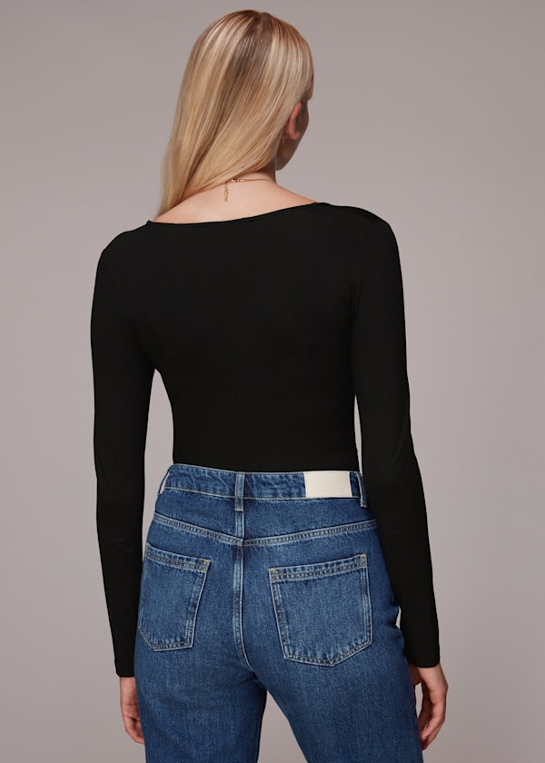 Black Square Neck Long Sleeve Top