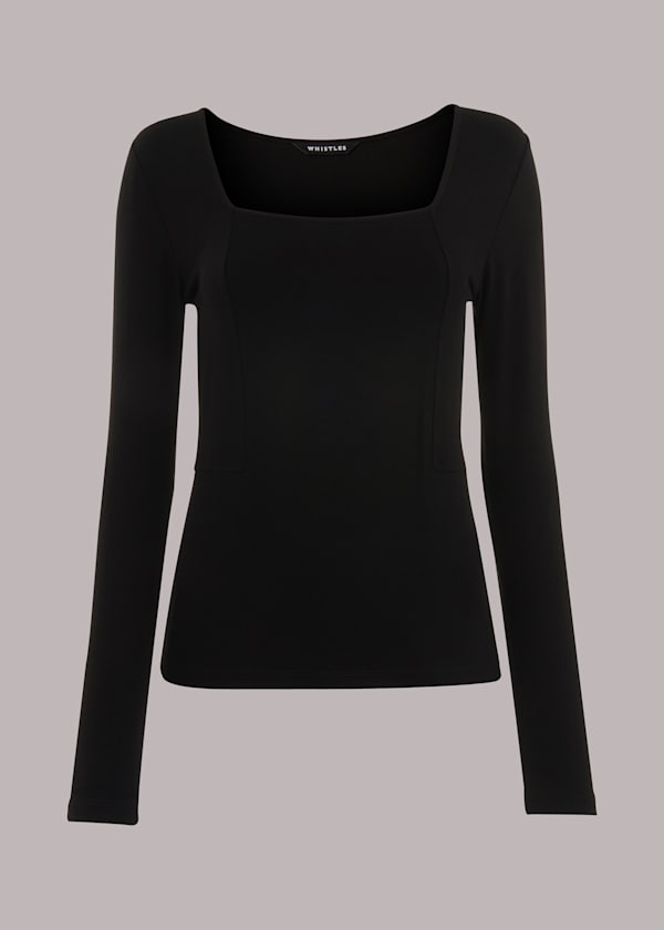 Black Square Neck Long Sleeve Top