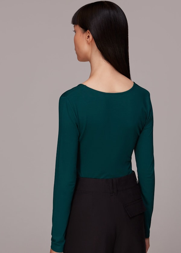 Dark Green Square Neck Long Sleeve Top