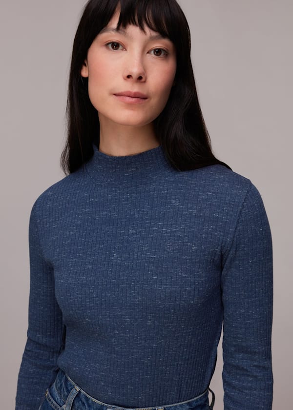 Navy Rib High Neck Melange Top