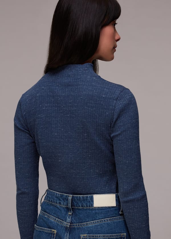 Navy Rib High Neck Melange Top