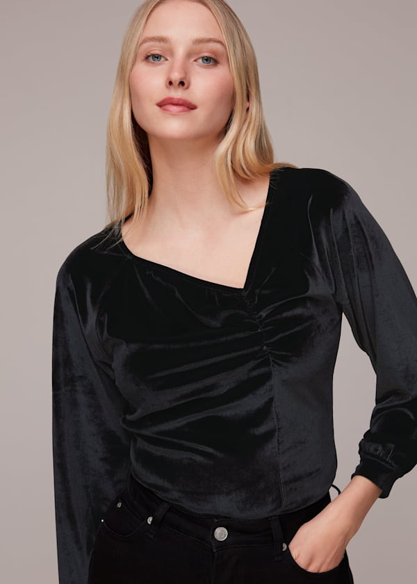 Black Asymmetric Neck Velvet Top
