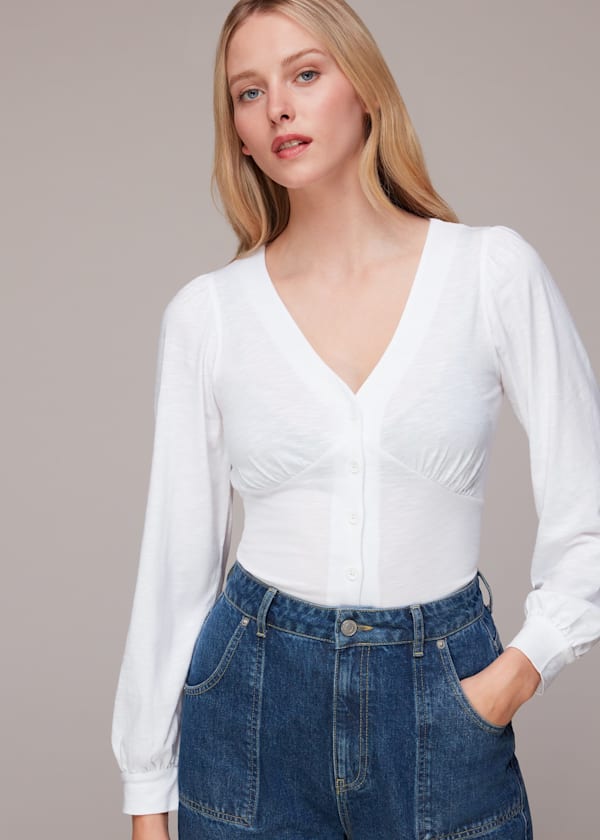 White Amber V neck Button Top