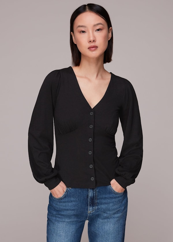 Black Amber V neck Button Top