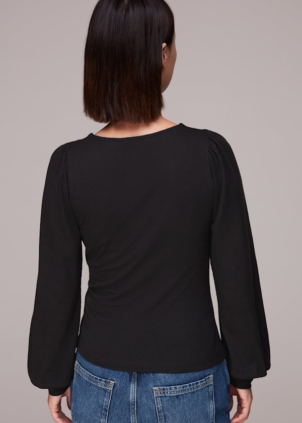 Black Amber V neck Button Top