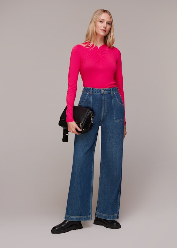 Pink Ruched Zip Neck Top